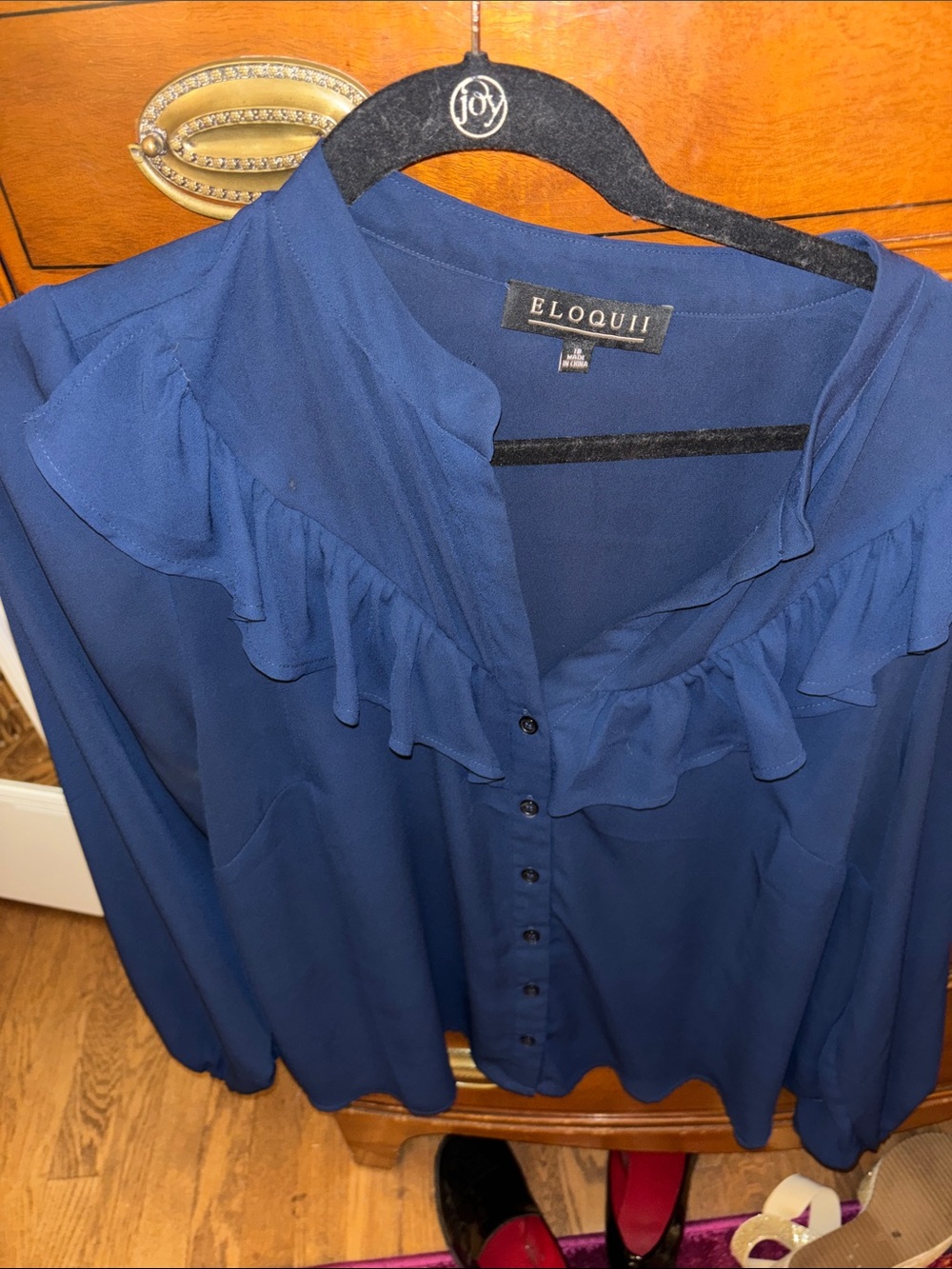 Eloquii Navy Blue Ruffle Front Button Blouse